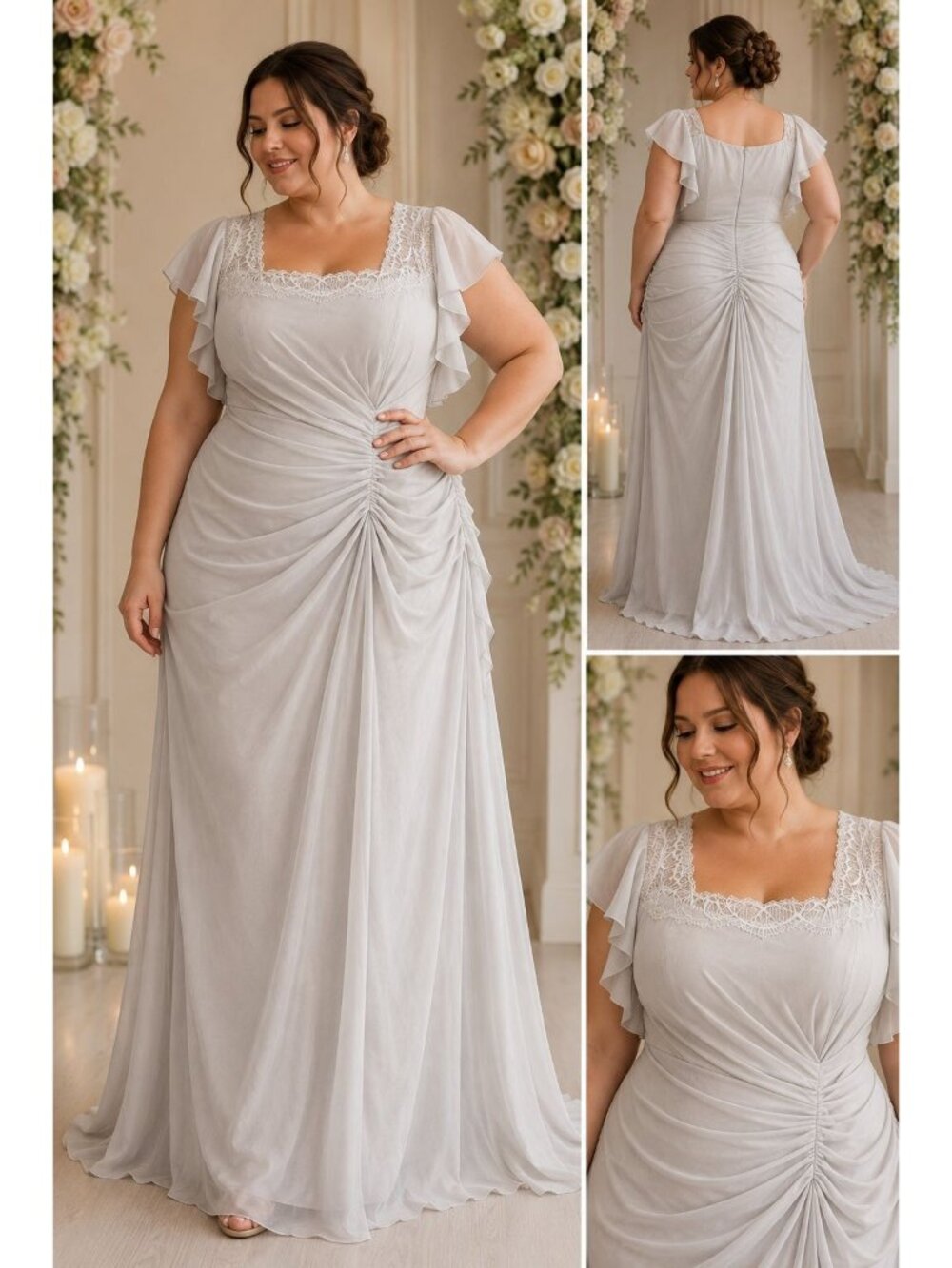 Lanting Bride Silver Plus Size 18W Ruched Maxi Gown Flutter Sleeve Wedding Dress